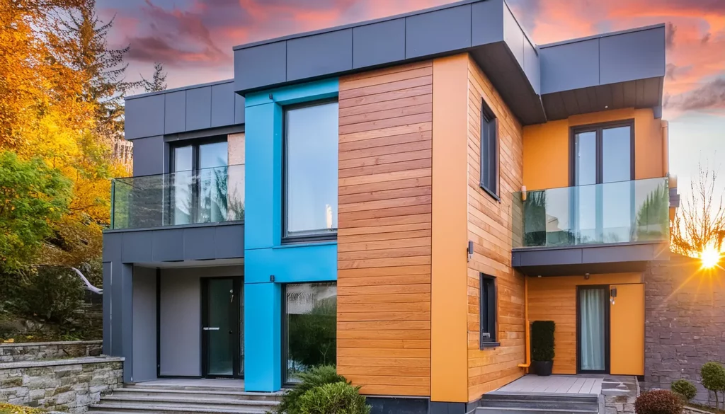 Modernes zweistöckiges Haus mit Flachdach, großen Fenstern und einer Mischung aus Holz, Stein und blauen Paneelen an der Außenseite. Die Kunstfertigkeit von Maler Lauer hebt das Design hervor. Im Hintergrund geht die Sonne unter. - Lauer maler & raumdesign - Bodenbeläge, Vinylboden, Farben, Sonnenschutz, Malerarbeiten - Bahnhofstr. 5a - 36280 Oberaula